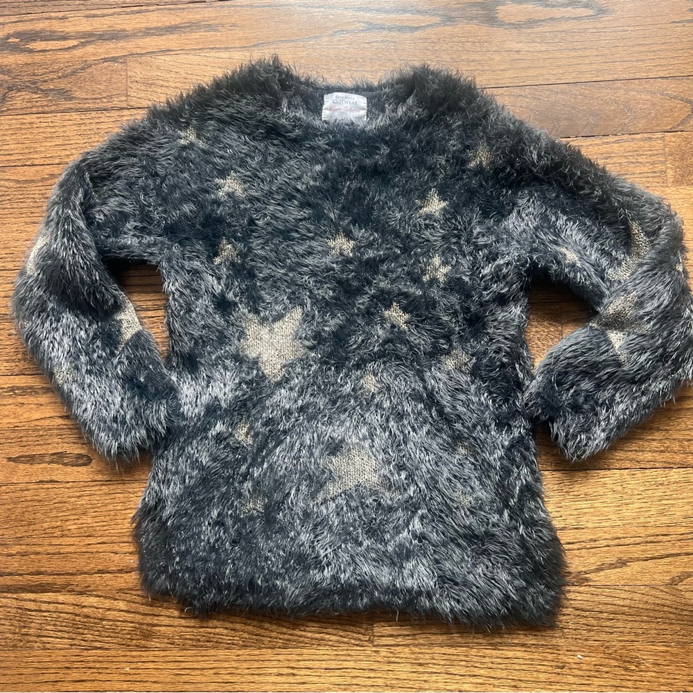 Zara Girls Fuzzy Gray Gold Star Sweater